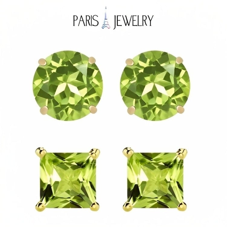 Paris Jewelry 18k Yellow Gold 2 Pair Created Peridot 4mm Round and Princess Cut Stud Earrings Plated Image 1