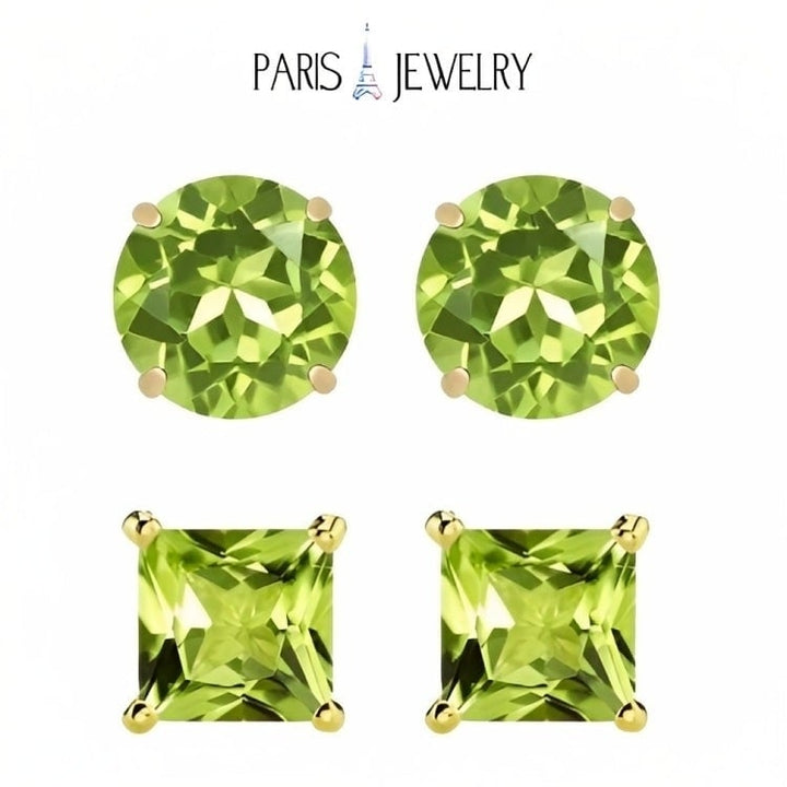 Paris Jewelry 18k Yellow Gold 2 Pair Created Peridot 4mm Round and Princess Cut Stud Earrings Plated Image 1