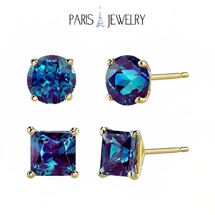 Paris Jewelry 18k Yellow Gold 2 Pair Created Alexandrite 4mm Round and Princess Cut Stud Earrings Plated Image 1