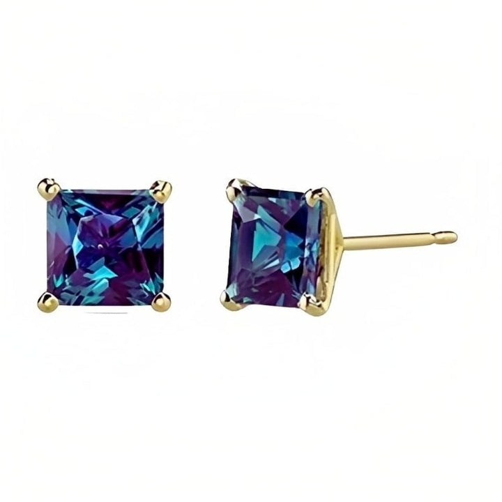 Paris Jewelry 18k Yellow Gold 2 Pair Created Alexandrite 4mm Round and Princess Cut Stud Earrings Plated Image 3