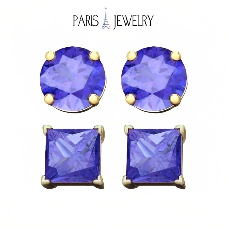 Paris Jewelry 18k Yellow Gold 2 Pair Created Tanzanite 4mm Round and Princess Cut Stud Earrings Plated Image 1