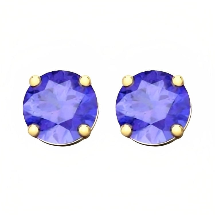 Paris Jewelry 18k Yellow Gold 2 Pair Created Tanzanite 4mm Round and Princess Cut Stud Earrings Plated Image 2