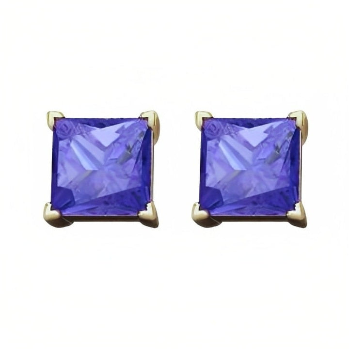 Paris Jewelry 18k Yellow Gold 2 Pair Created Tanzanite 4mm Round and Princess Cut Stud Earrings Plated Image 3