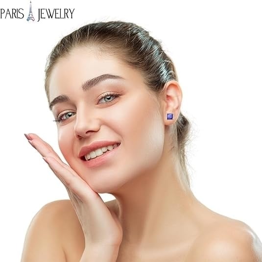 Paris Jewelry 18k Yellow Gold 2 Pair Created Tanzanite 4mm Round and Princess Cut Stud Earrings Plated Image 6