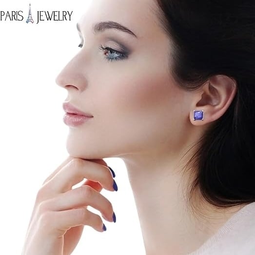 Paris Jewelry 18k Yellow Gold 2 Pair Created Tanzanite 4mm Round and Princess Cut Stud Earrings Plated Image 7