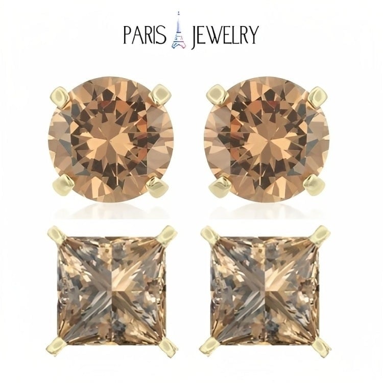 Paris Jewelry 18k Yellow Gold 2 Pair Created Champagne 4mm Round and Princess Cut Stud Earrings Plated Image 1