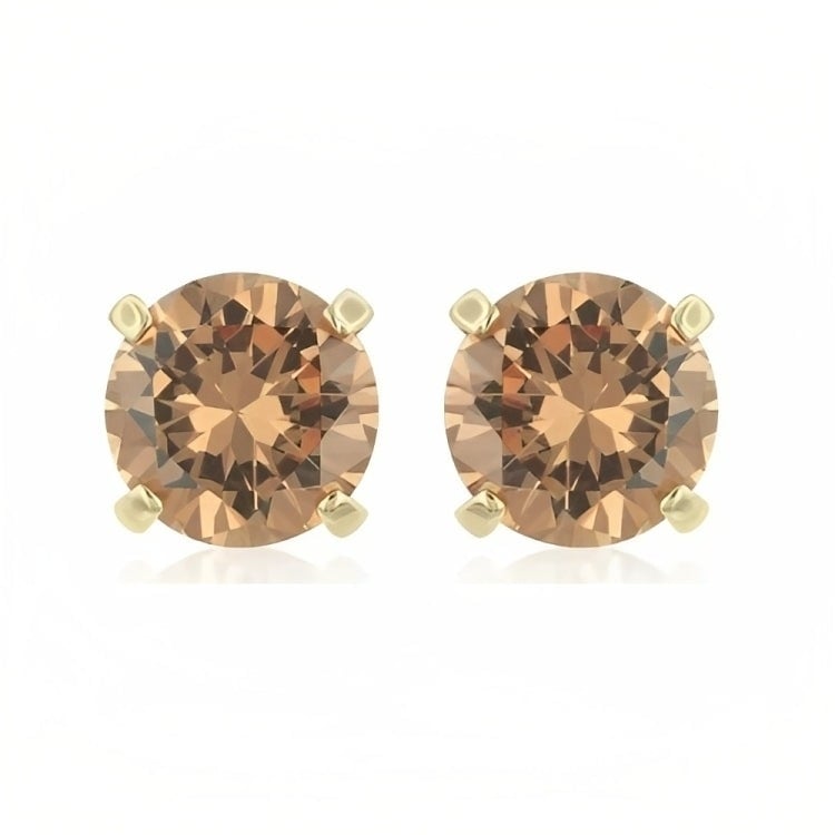 Paris Jewelry 18k Yellow Gold 2 Pair Created Champagne 4mm Round and Princess Cut Stud Earrings Plated Image 2