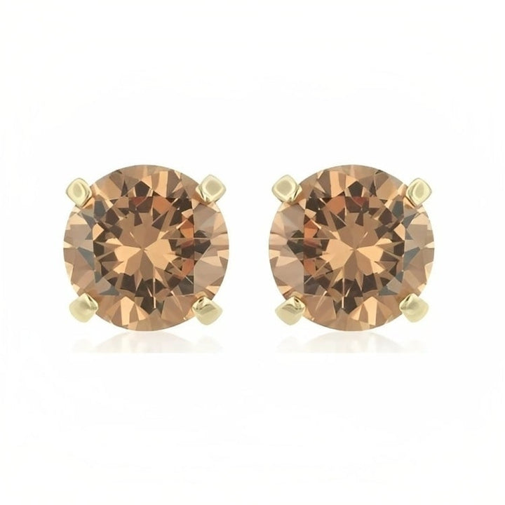 Paris Jewelry 18k Yellow Gold 2 Pair Created Champagne 4mm Round and Princess Cut Stud Earrings Plated Image 2