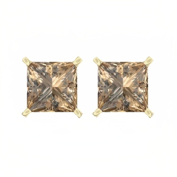 Paris Jewelry 18k Yellow Gold 2 Pair Created Champagne 4mm Round and Princess Cut Stud Earrings Plated Image 3