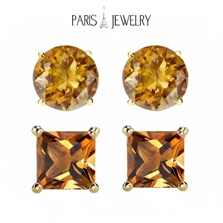 Paris Jewelry 18k Yellow Gold 2 Pair Created Citrine 4mm Round and Princess Cut Stud Earrings Plated Image 1