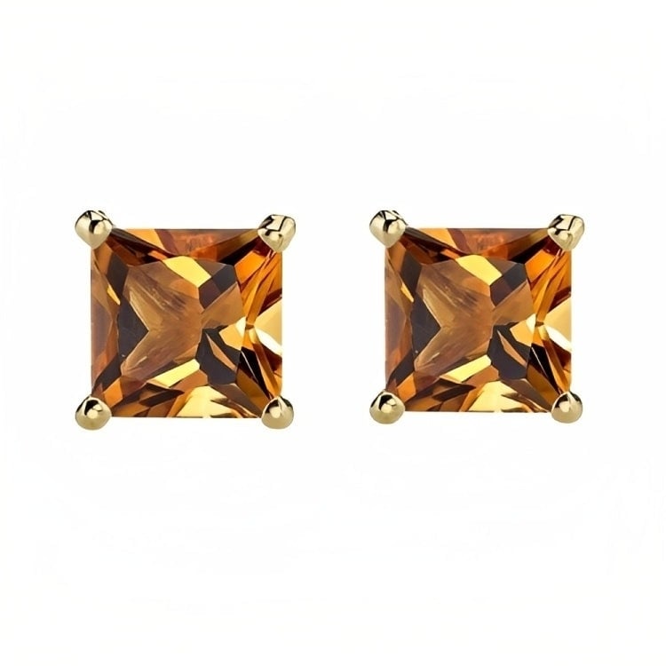 Paris Jewelry 18k Yellow Gold 2 Pair Created Citrine 4mm Round and Princess Cut Stud Earrings Plated Image 3