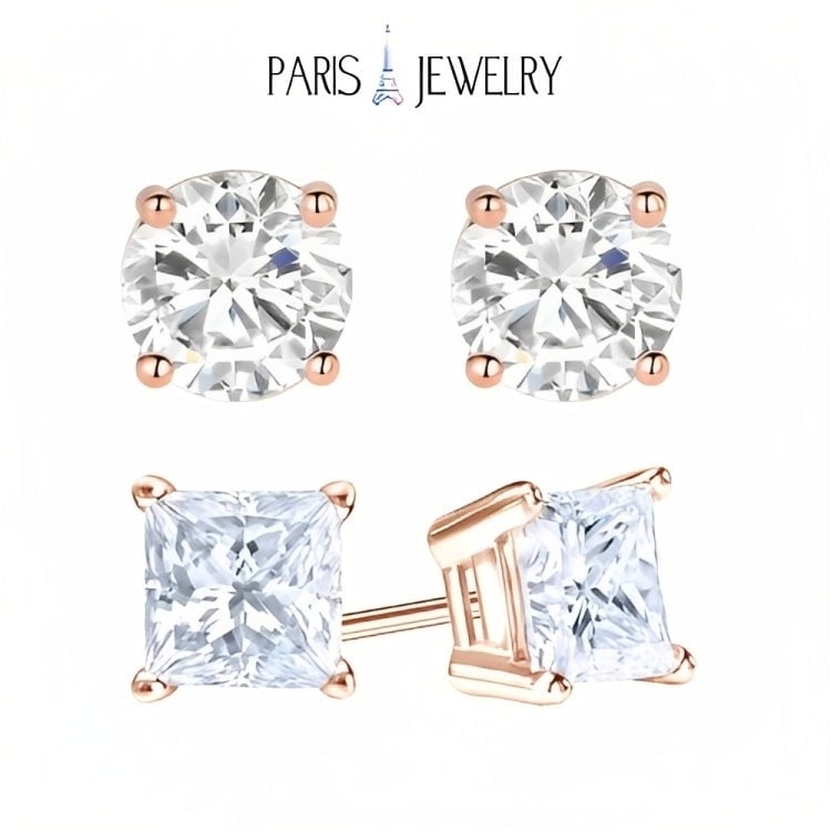 Paris Jewelry 18k Rose Gold 2 Pair Created White Sapphire 4mm Round and Princess Cut Stud Earrings Plated Image 1