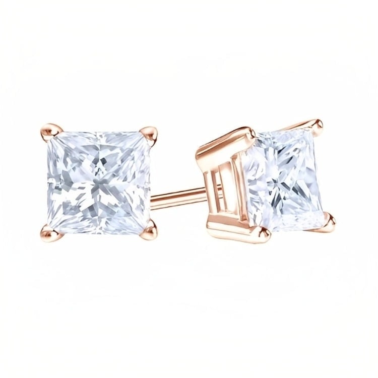 Paris Jewelry 18k Rose Gold 2 Pair Created White Sapphire 4mm Round and Princess Cut Stud Earrings Plated Image 3