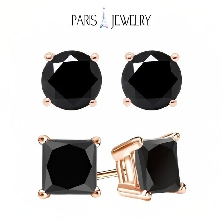 Paris Jewelry 18k Rose Gold 2 Pair Created Black Sapphire 4mm Round and Princess Cut Stud Earrings Plated Image 1