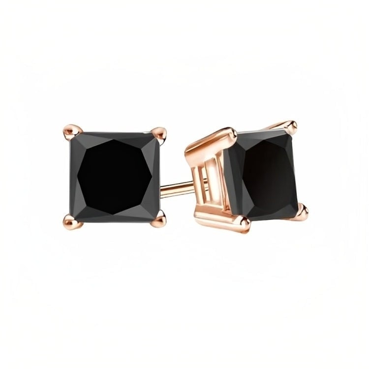 Paris Jewelry 18k Rose Gold 2 Pair Created Black Sapphire 4mm Round and Princess Cut Stud Earrings Plated Image 3