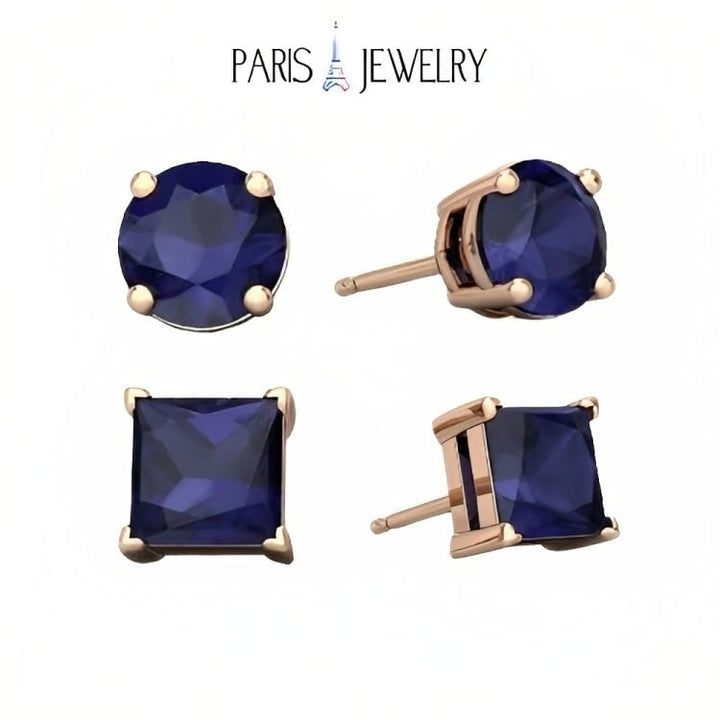 Paris Jewelry 18k Rose Gold 2 Pair Created Blue Sapphire 4mm Round and Princess Cut Stud Earrings Plated Image 1