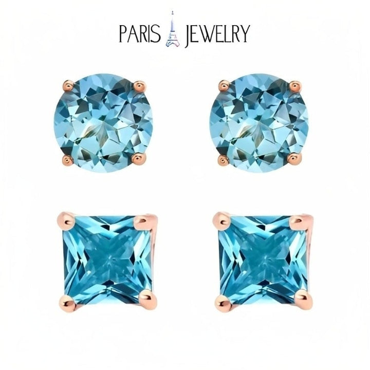 Paris Jewelry 18k Rose Gold 2 Pair Created Blue Topaz 4mm Round and Princess Cut Stud Earrings Plated Image 1