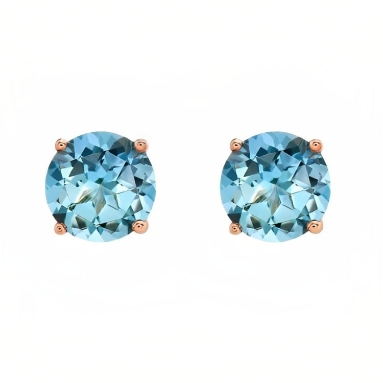 Paris Jewelry 18k Rose Gold 2 Pair Created Blue Topaz 4mm Round and Princess Cut Stud Earrings Plated Image 2