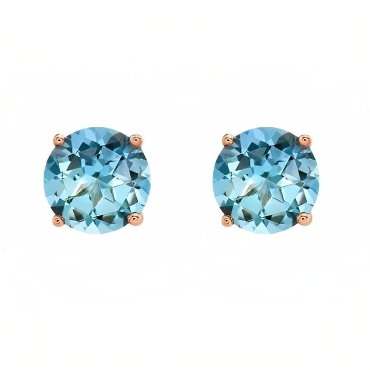 Paris Jewelry 18k Rose Gold 2 Pair Created Blue Topaz 4mm Round and Princess Cut Stud Earrings Plated Image 2