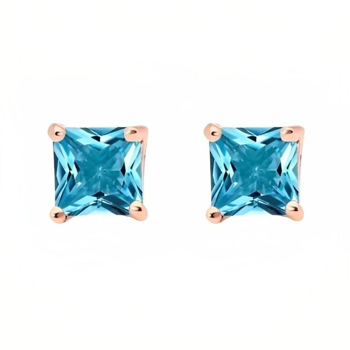 Paris Jewelry 18k Rose Gold 2 Pair Created Blue Topaz 4mm Round and Princess Cut Stud Earrings Plated Image 3