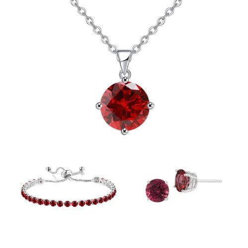 10k White Gold 7 Ct Round Created Ruby Set Of Necklace Earrings And Bracelet Plated Image 1