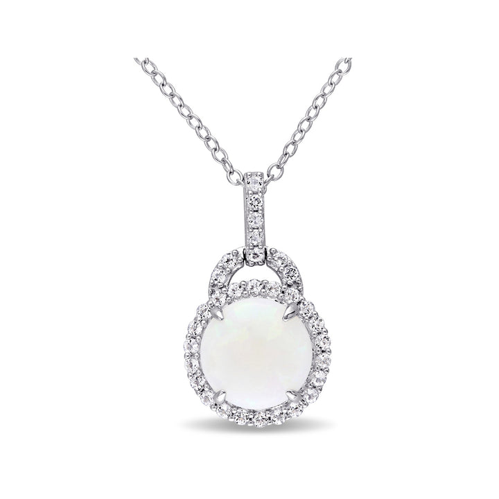 2.16 Carat (ctw) Opal and White Topaz Halo Pendant Necklace in Sterling Silver with Chain Image 1