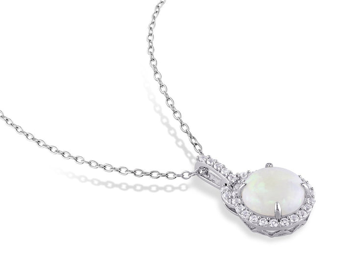 2.16 Carat (ctw) Opal and White Topaz Halo Pendant Necklace in Sterling Silver with Chain Image 3