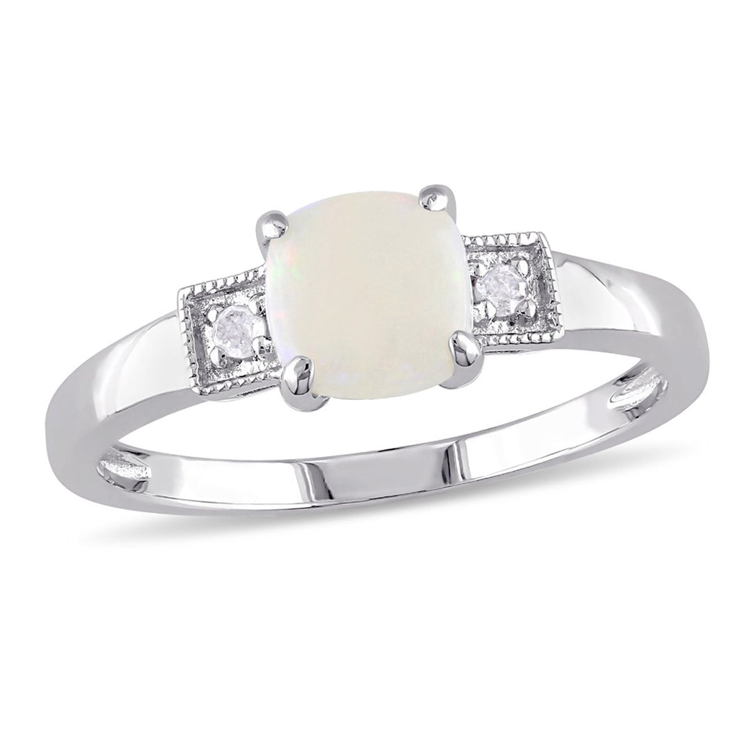 1/2 Carat (ctw) Opal Halo Ring in Sterling Silver with Diamond Accent Image 1