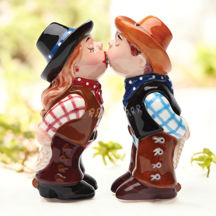 Ceramic Cowboy and Cowgirl Kissing Salt and Pepper Shakers Gift for Cowgirl, Image 2