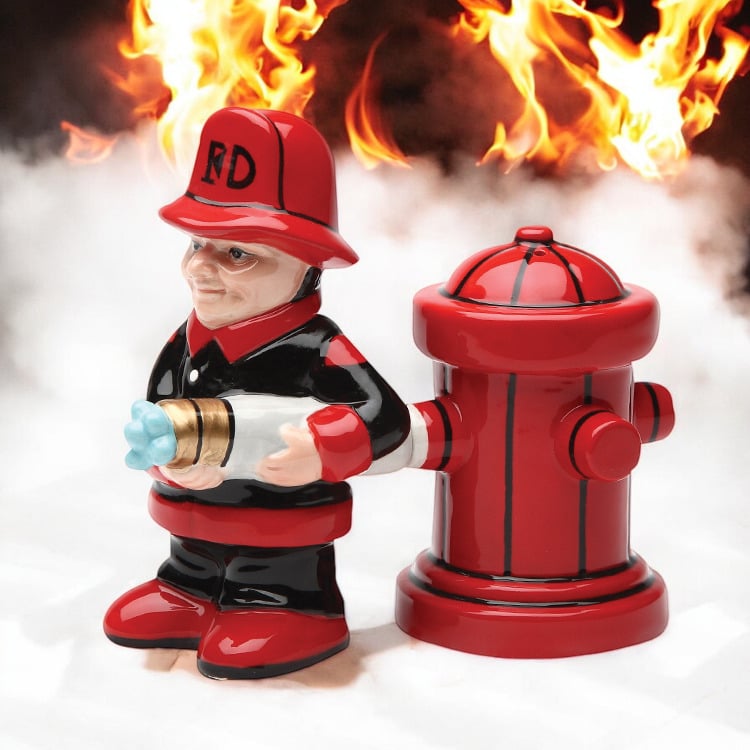 Ceramic Firefighter with Fire Hydrant Salt and Pepper Shakers Firefighter Gift , Image 1