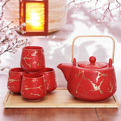 Ceramic Red Marble Tea Set with Strainer and Bamboo Tray Japanese Tea Ceremony Tea Lover Gift, Image 1