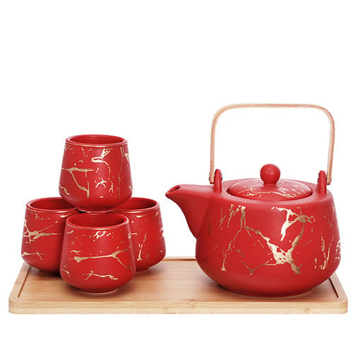 Ceramic Red Marble Tea Set with Strainer and Bamboo Tray Japanese Tea Ceremony Tea Lover Gift, Image 2