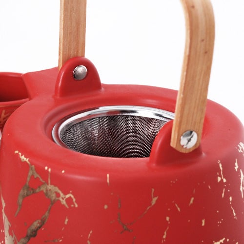 Ceramic Red Marble Tea Set with Strainer and Bamboo Tray Japanese Tea Ceremony Tea Lover Gift, Image 3