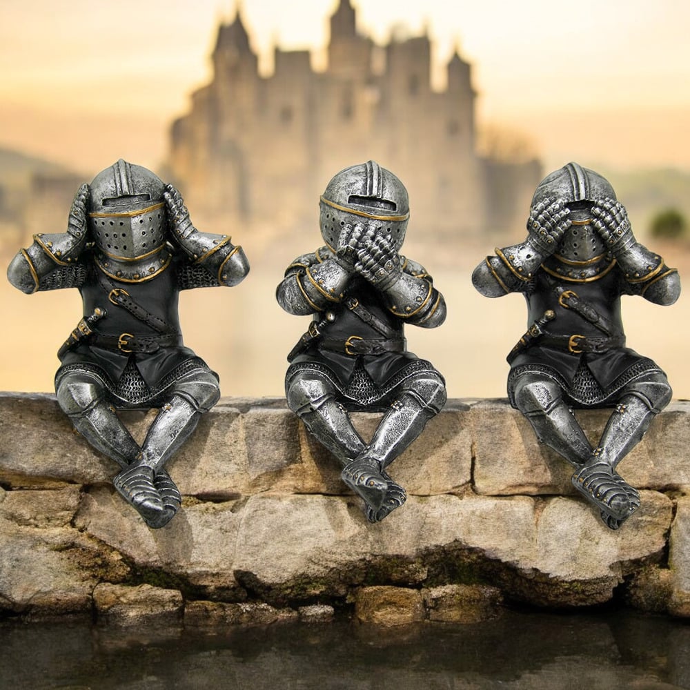 Polyresin Three Medieval Knights That Hear Speak and See No Evil Figurines Medieval Theme Decor Image 1