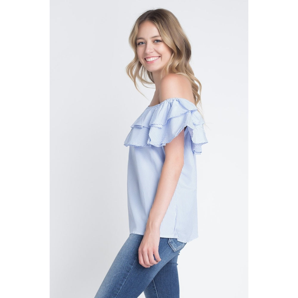 Womens Striped Off Shoulder Ruffle Stripe Blouse Image 2