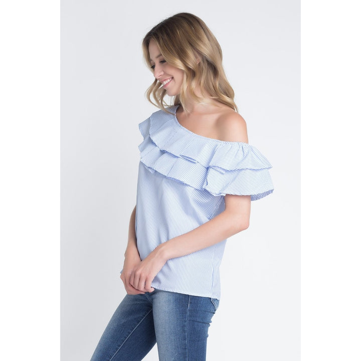 Womens Striped Off Shoulder Ruffle Stripe Blouse Image 3