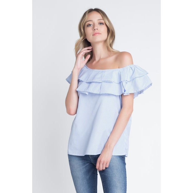 Womens Striped Off Shoulder Ruffle Stripe Blouse Image 7