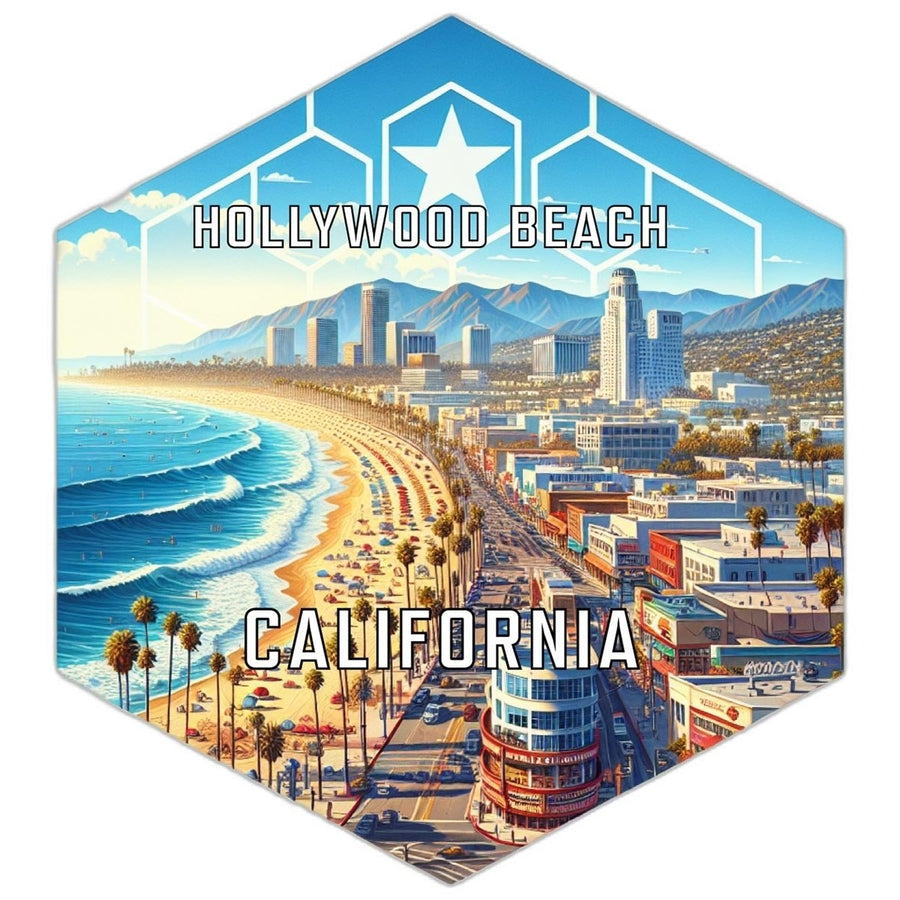 Hollywood Beach California Souvenir Travel Destination Die Cut Hexagon Fridge Magnet Image 1