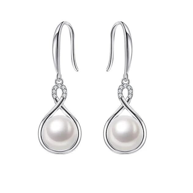 18K White Gold Freshwater Pearl 8mm With Created Sapphire Dangling Infinity Earrings Plated Image 1