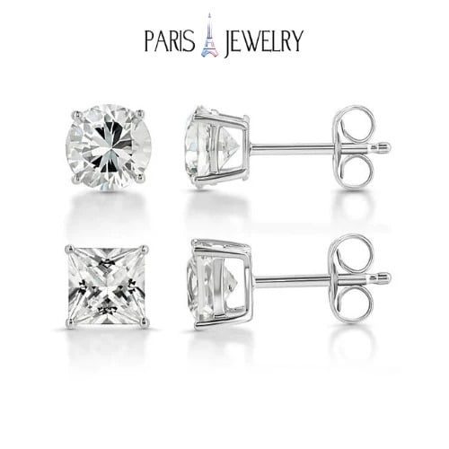 Paris Jewelry 18k White Gold 2 Pair Created White Sapphire 6mm Round and Princess Cut Stud Earrings Plated Image 1