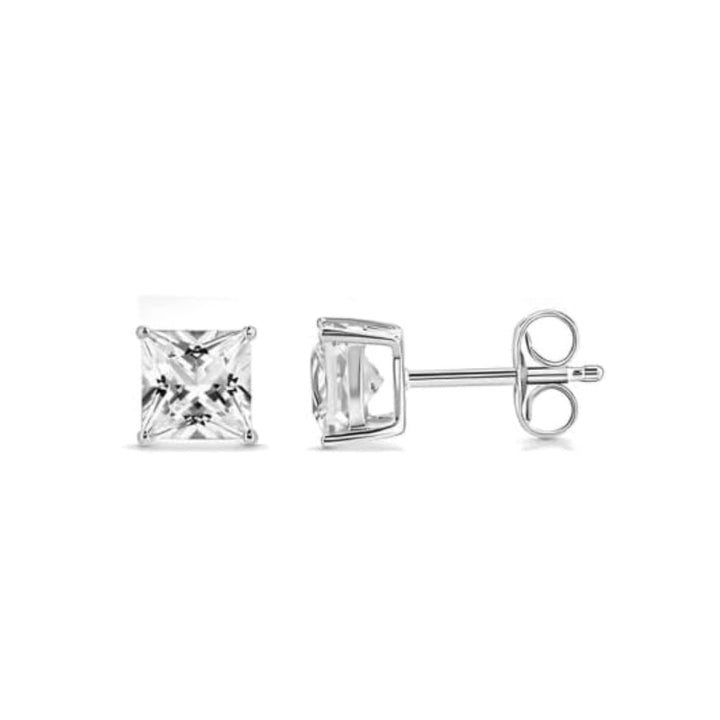 Paris Jewelry 18k White Gold 2 Pair Created White Sapphire 6mm Round and Princess Cut Stud Earrings Plated Image 3