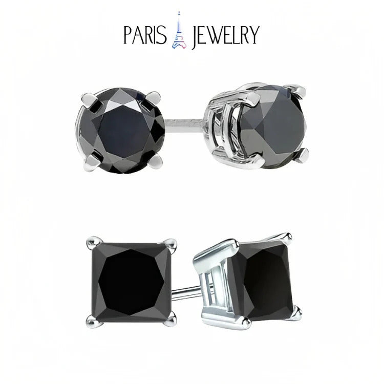 Paris Jewelry 18k White Gold 2 Pair Created Black Sapphire 6mm Round and Princess Cut Stud Earrings Plated Image 1