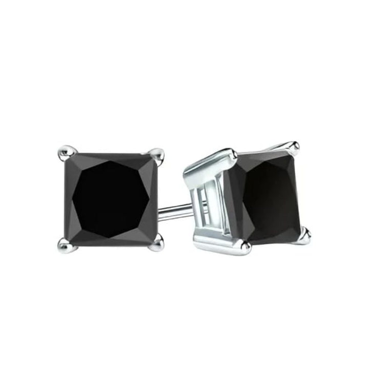 Paris Jewelry 18k White Gold 2 Pair Created Black Sapphire 6mm Round and Princess Cut Stud Earrings Plated Image 3