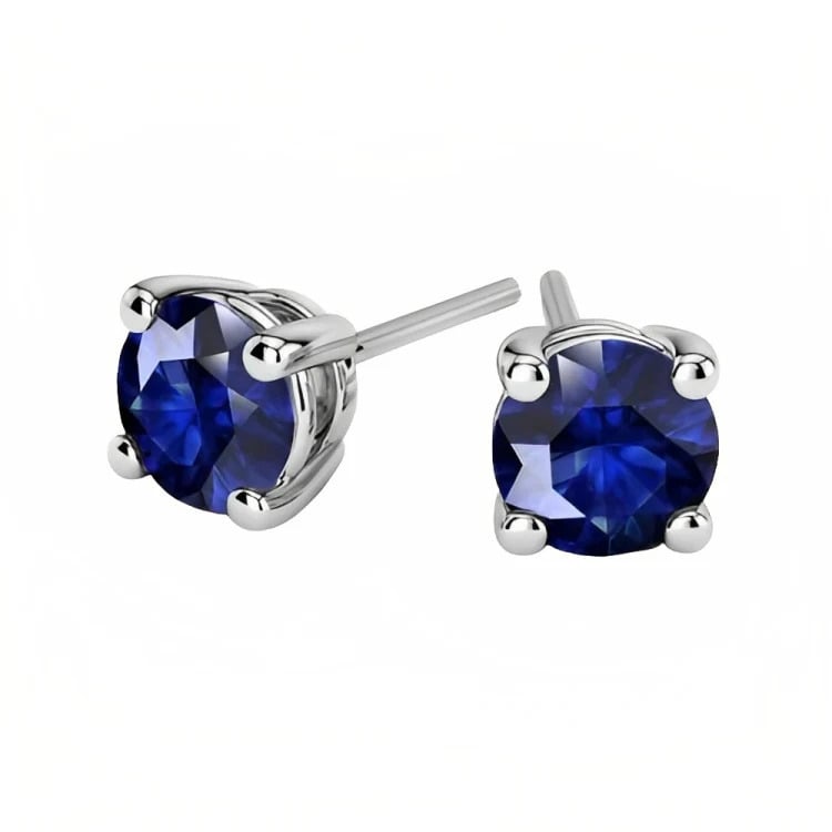 Paris Jewelry 18k White Gold 2 Pair Created Blue Sapphire 6mm Round and Princess Cut Stud Earrings Plated Image 2