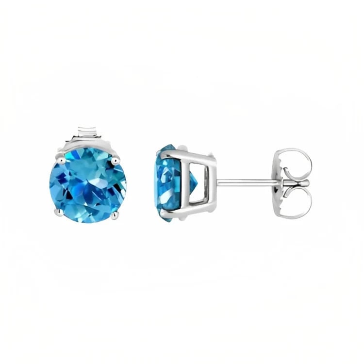 Paris Jewelry 18k White Gold 2 Pair Created Blue Topaz 6mm Round and Princess Cut Stud Earrings Plated Image 2