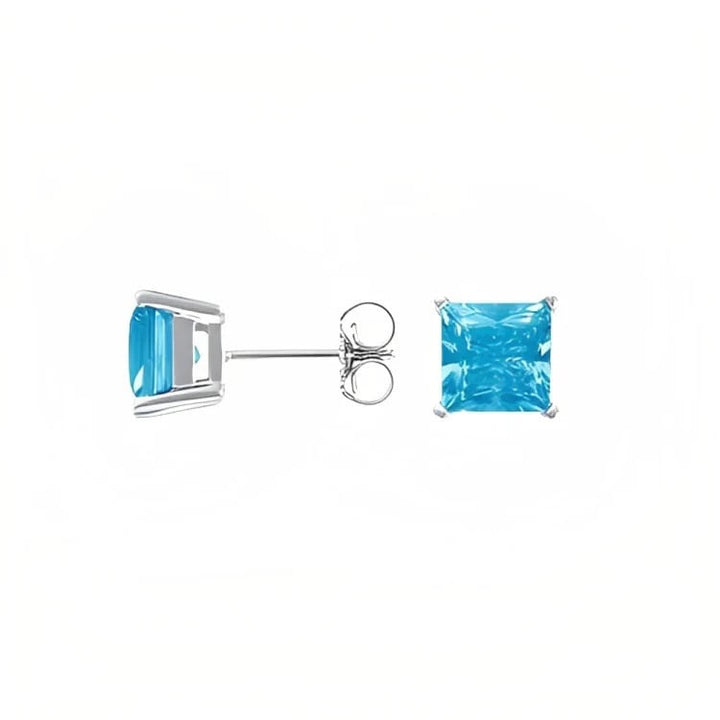 Paris Jewelry 18k White Gold 2 Pair Created Blue Topaz 6mm Round and Princess Cut Stud Earrings Plated Image 3