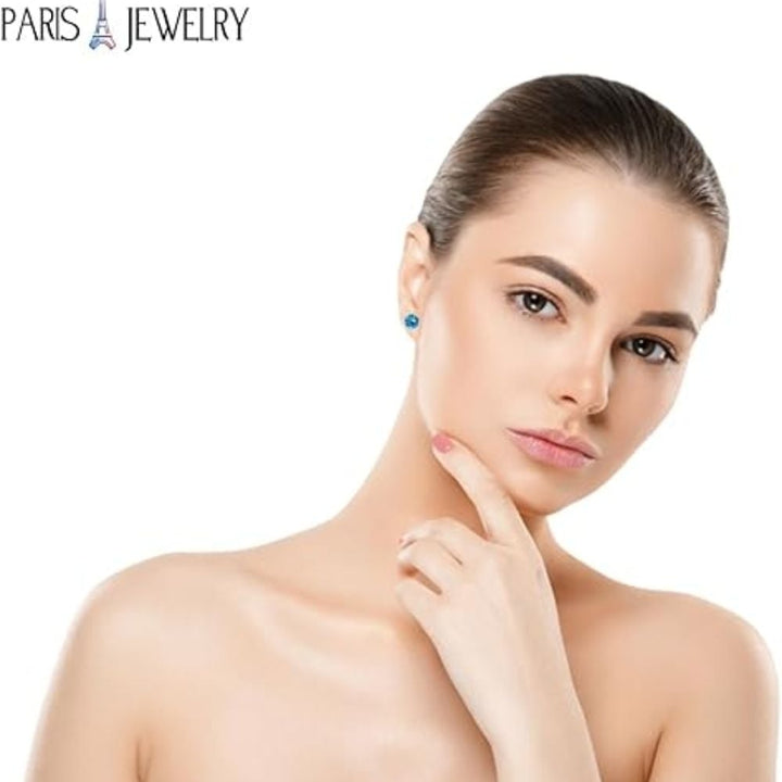 Paris Jewelry 18k White Gold 2 Pair Created Blue Topaz 6mm Round and Princess Cut Stud Earrings Plated Image 4