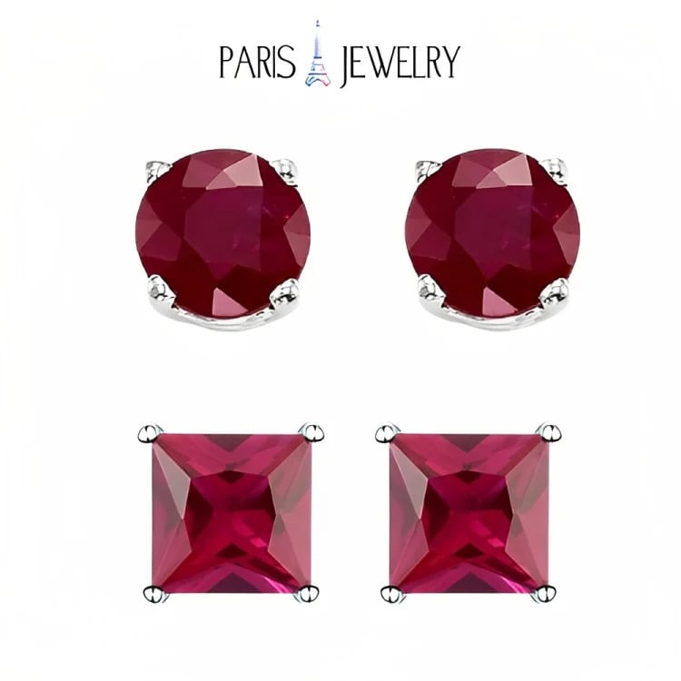 Paris Jewelry 18k White Gold 2 Pair Created Ruby 6mm Round Princess Cut Stud Earrings Plated Image 1