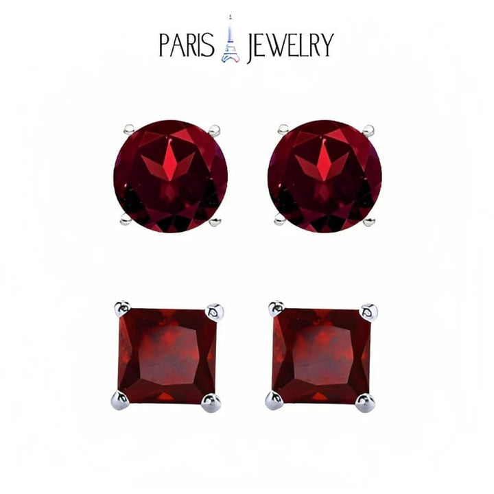 Paris Jewelry 18k White Gold 2 Pair Created Garnet 6mm Round and Princess Cut Stud Earrings Plated Image 1