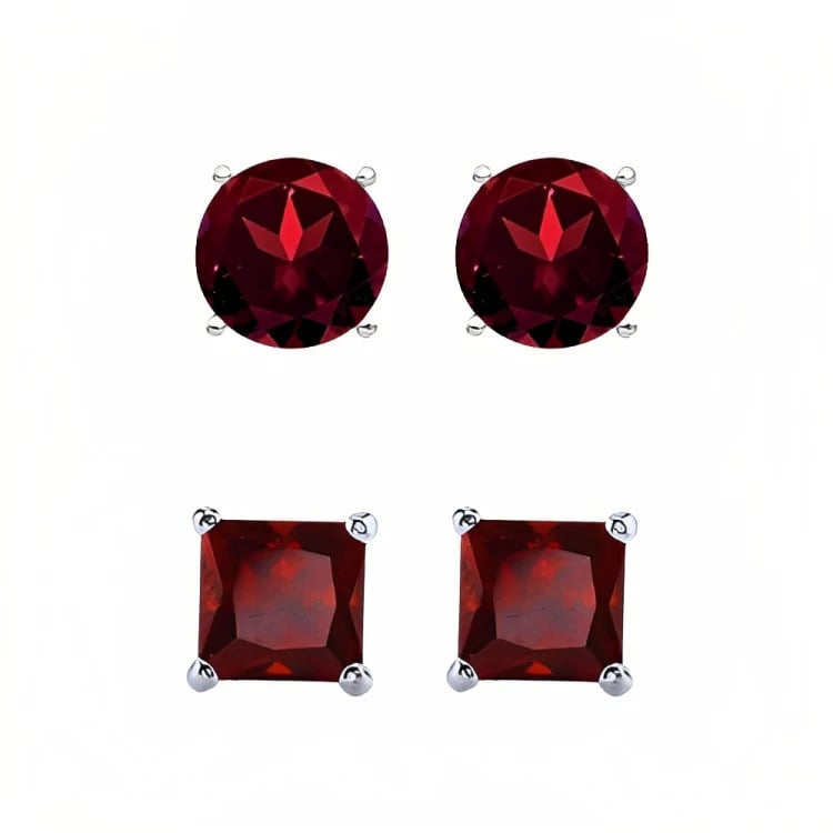 Paris Jewelry 18k White Gold 2 Pair Created Garnet 6mm Round and Princess Cut Stud Earrings Plated Image 2